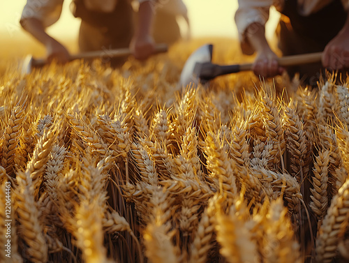 Golden wheat field at harvest, farmers harvesting with hand tools at sunset.  Rustic, agricultural scene. Perfect for themes of farming, food production, and rural life. photo