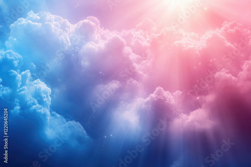 Billede på lærred A breathtaking celestial scene: vibrant pink and blue clouds illuminated by divine light, speckled with stars