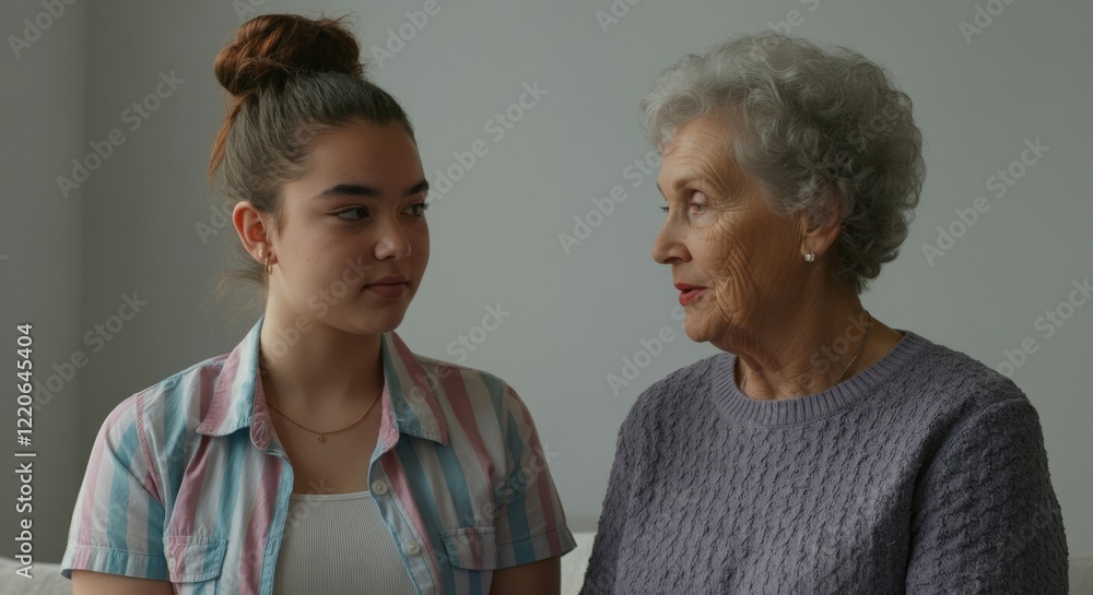 Young woman and an older woman are sitting on a couch Young woman and an older woman are sitting on a couch