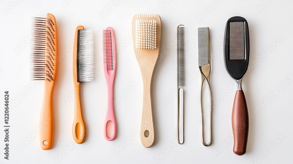 A row of sleek, modern pet grooming tools, including brushes, nail clippers, and combs, arranged on a white surface. A row of sleek, modern pet grooming tools, including brushes, nail clippers, and combs, arranged on a white surface.
