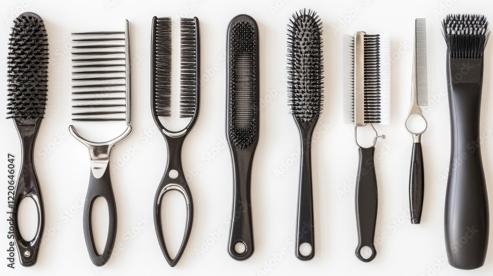 A row of sleek, modern pet grooming tools, including brushes, nail clippers, and combs, arranged on a white surface. A row of sleek, modern pet grooming tools, including brushes, nail clippers, and combs, arranged on a white surface.
