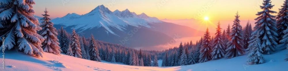 Obraz premium Forest in soft sunlight with snow capped mountains, trees, snow covered, sun rise