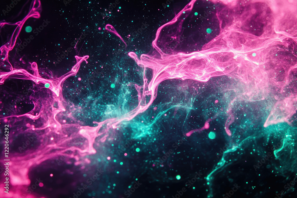 Abstract cosmic art with swirling pink and teal nebula clouds, glitter, and dark background. Abstract cosmic art with swirling pink and teal nebula clouds, glitter, and dark background.