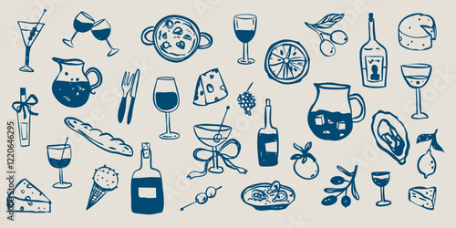 Italian French food restaurant doodle sketch collection. Vacation summer party set. La dolce vita whimsical style.