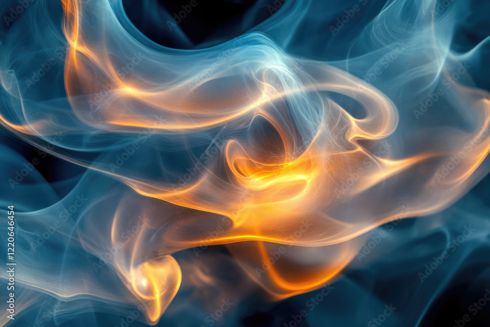 Abstract swirling smoke art with shades of blue and orange, creating a mesmerizing visual effect. Abstract swirling smoke art with shades of blue and orange, creating a mesmerizing visual effect.