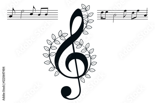 Black treble clef sign, decorated music key symbol, musical melody illustration, notes sound icons. Musical background, design fest card, jazz poster, concert performance banner. Copy space, isolated