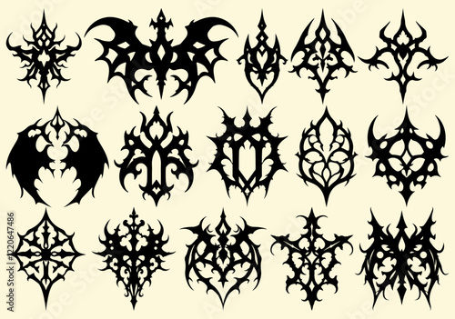 Set of cool gothic design elements, atmospheric vampiric weird gothic shapes