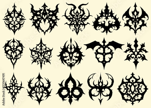 Set of cool gothic design elements, atmospheric vampiric weird gothic shapes