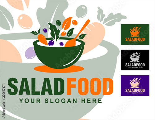 healthy food salad logo in green with a bowl for a vegan restaurant brand