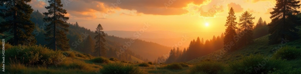 Naklejka premium Forest landscape bathed in warm golden light at dawn, clouds, bushes