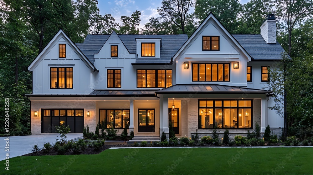 Fototapeta premium A fashionable farmhouse exterior with oversized windows that capture forest views and enhance the evening ambiance.