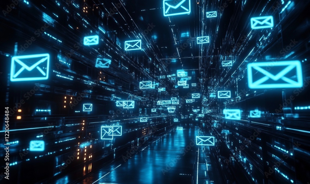 Glowing Digital Email Icons in Futuristic Setting for E-mail Marketing Concept at Night, Generative AI Glowing Digital Email Icons in Futuristic Setting for E-mail Marketing Concept at Night, Generative AI