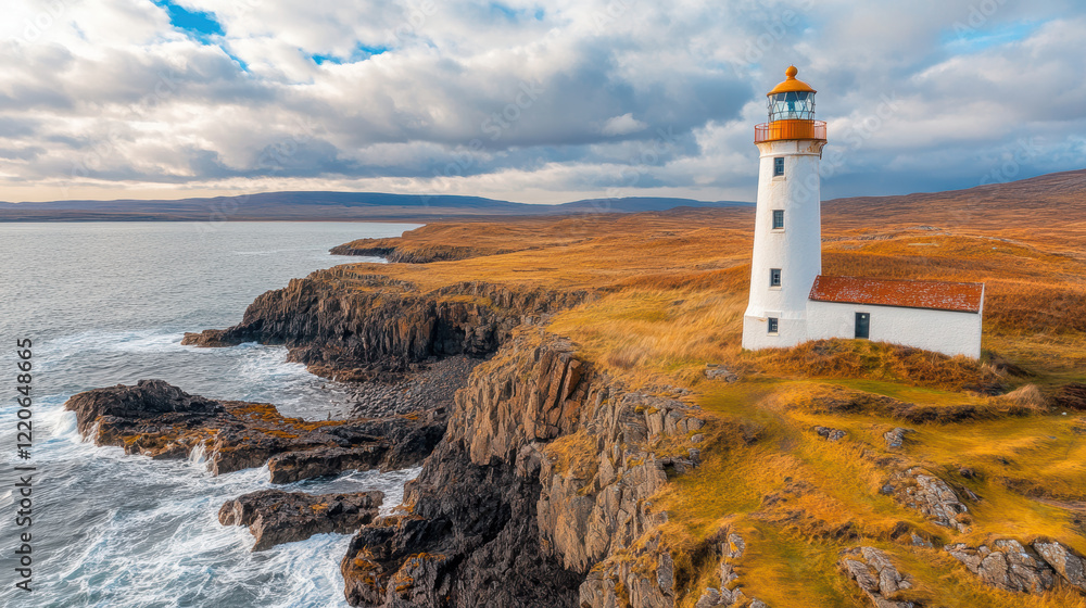 Naklejka premium high angle view of historic lighthouse standing on rugged coastal cliff, surrounded by dramatic ocean waves and golden grass under partly cloudy sky