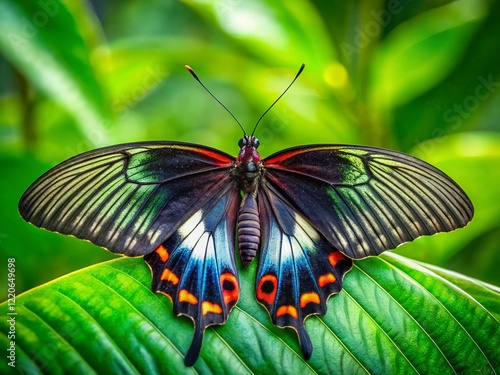 Common Mormon Butterfly (Papilio polytes) on Green Leaf - Stock Photo photo