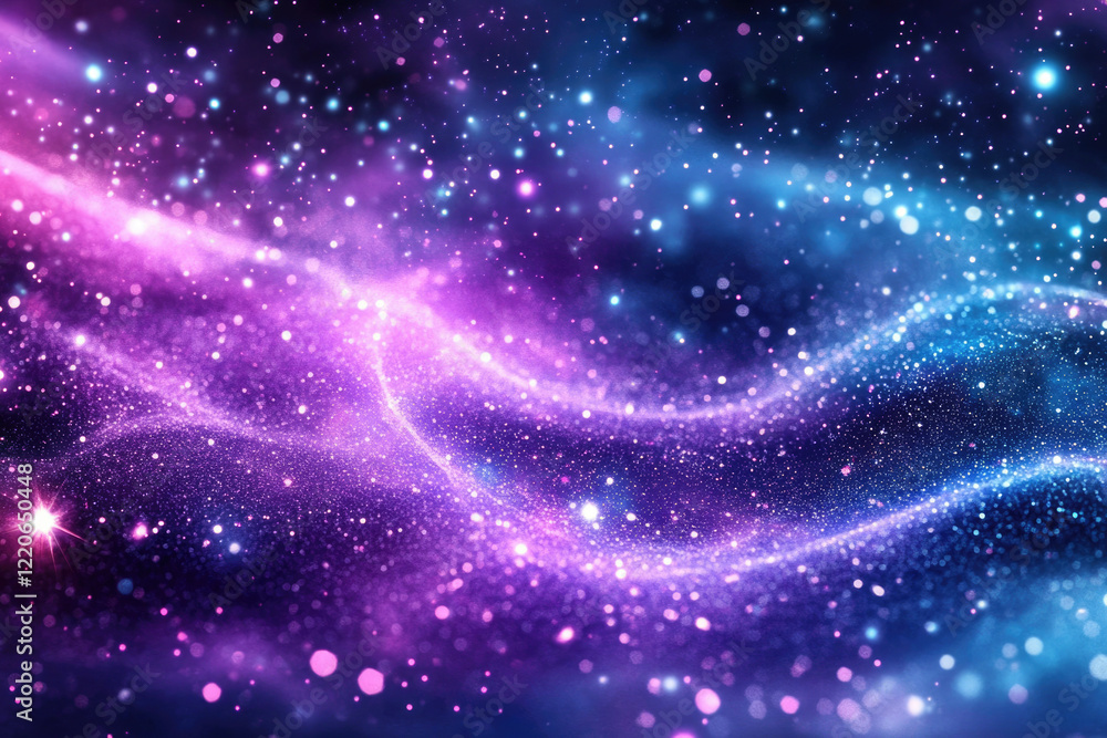 Abstract cosmic artwork with purple and blue glitter nebula, sparkling stars, and cosmic dust.