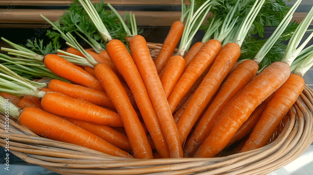 Fresh, vibrant carrots with their green tops in a rustic wicker basket. Perfect for healthy eating, cooking, or farmers market imagery. Fresh, vibrant carrots with their green tops in a rustic wicker basket. Perfect for healthy eating, cooking, or farmers market imagery.