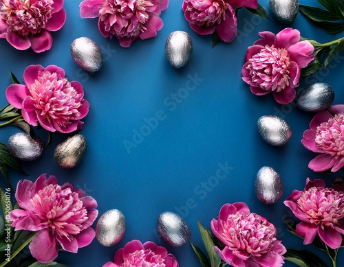 Easter concept. Dark pink Peony flowers  and silver Easter eggs on dark blue background. Generated image photo