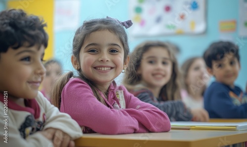 Diverse group of smiling children sitting at desk in classroom, reflecting inclusion and joy in a multicultural educational environment, Generative AI