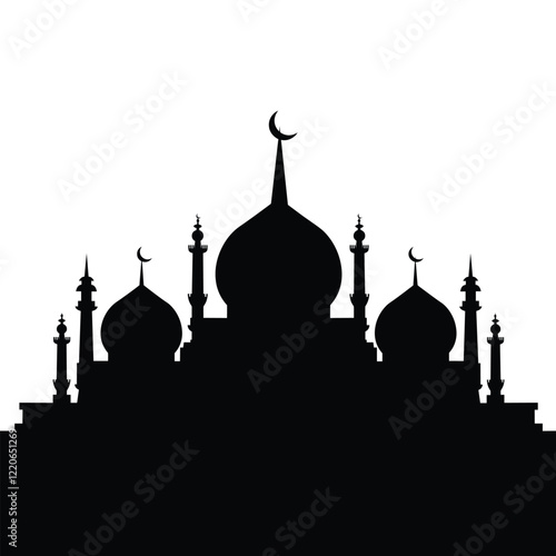 Silhouette Mosque flat Vector illustration isolated on white background. Islamic mosque buildings in silhouette for background design, Banner design, and Ramadhan background.