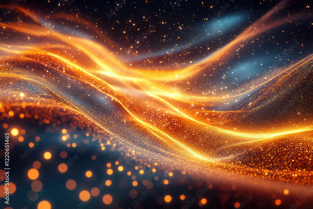 Abstract gold and blue particles flowing in wavy motion, creating a glittering, cosmic landscape.