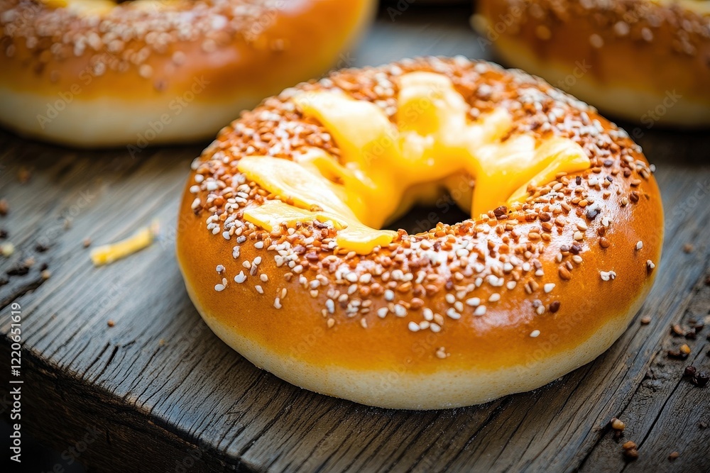 Sesame bagels with cheese, wooden table, bakery Sesame bagels with cheese, wooden table, bakery