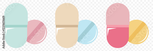 Set of Capsule glyph Pill icons. Medical capsule pictogram isolated on transparent background, soft gel capsule icons in flat styles. Medicament and pharmaceutical symbols. medical designs elements.