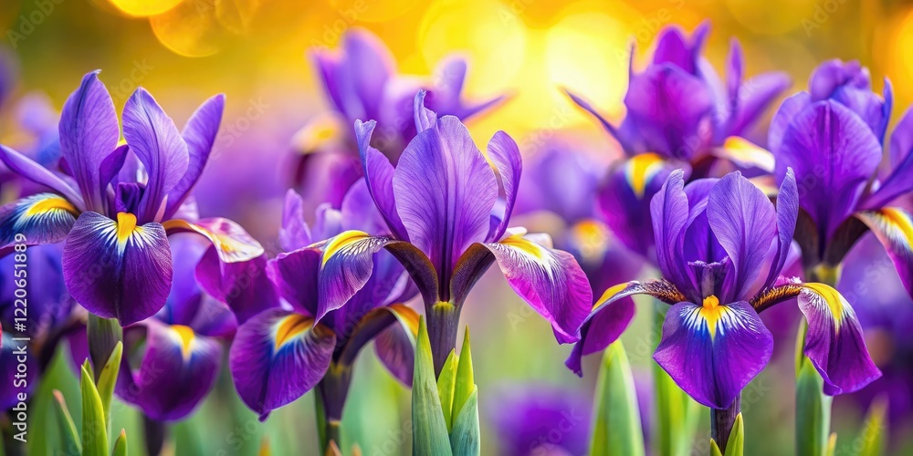 Close-up macro of miniature purple irises, tilt-shift effect, showcasing vibrant yellow centers. Close-up macro of miniature purple irises, tilt-shift effect, showcasing vibrant yellow centers.