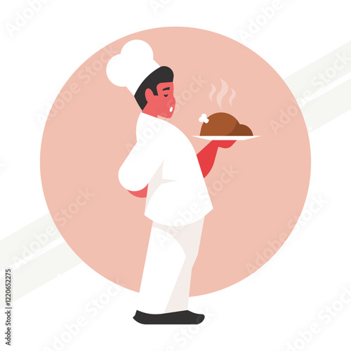 A chef serving a meal representing hospitality and gastronomy