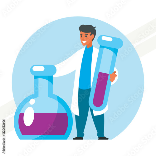 A chemist with flasks representing experiments and laboratory work