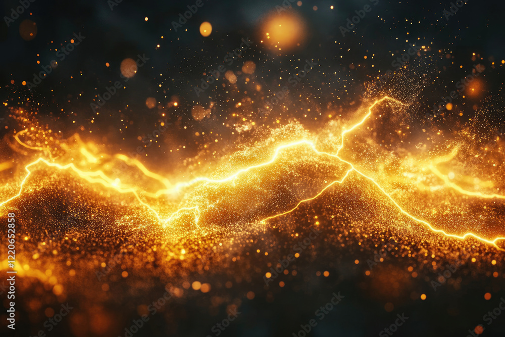 Golden energy flows like lightning across a dark, glittering landscape of particles. Golden energy flows like lightning across a dark, glittering landscape of particles.
