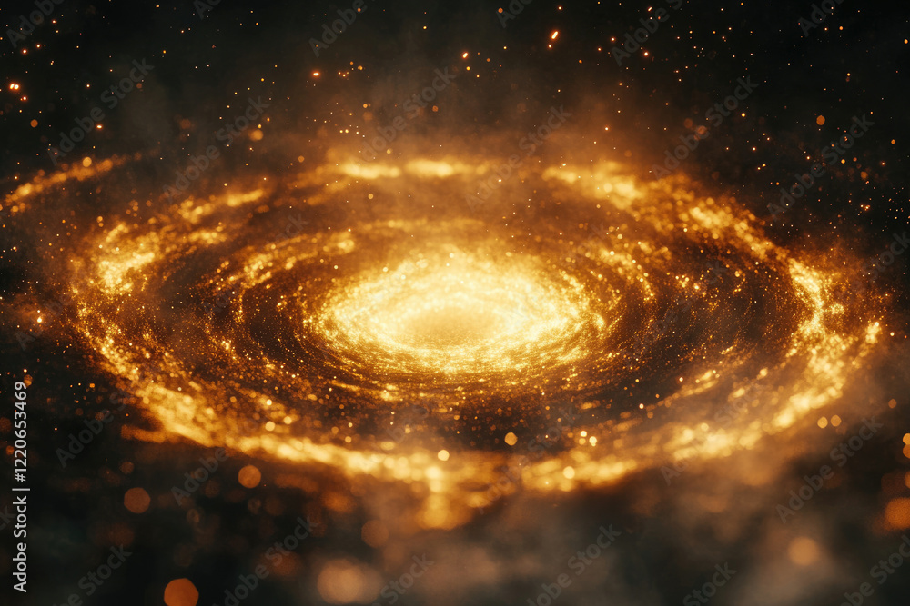 A swirling golden galaxy, cosmic dust and bright stars create a mesmerizing celestial scene. A swirling golden galaxy, cosmic dust and bright stars create a mesmerizing celestial scene.