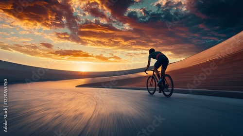 Early Morning Scene of a Cyclist Practicing on an Open Track Surrounded by Breathtaking Skies and Vibrant Sunset Colors, Capturing the Essence of Peaceful Athleticism