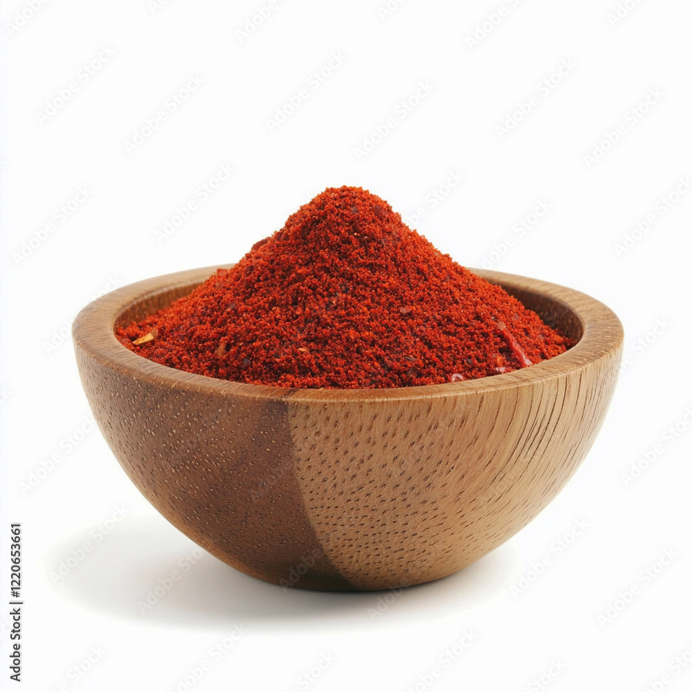 Spicy red powder in wooden bowl ready for cooking Spicy red powder in wooden bowl ready for cooking