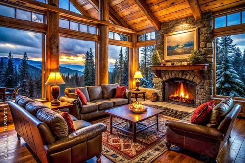 Wallpaper Mural Cozy Log Cabin Lounge: Snow Forest View & Fireplace Torontodigital.ca