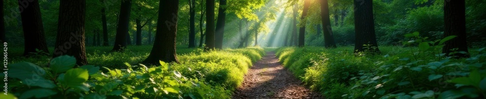 Obraz premium Forest path winding through dense undergrowth, landscape, trail, trees