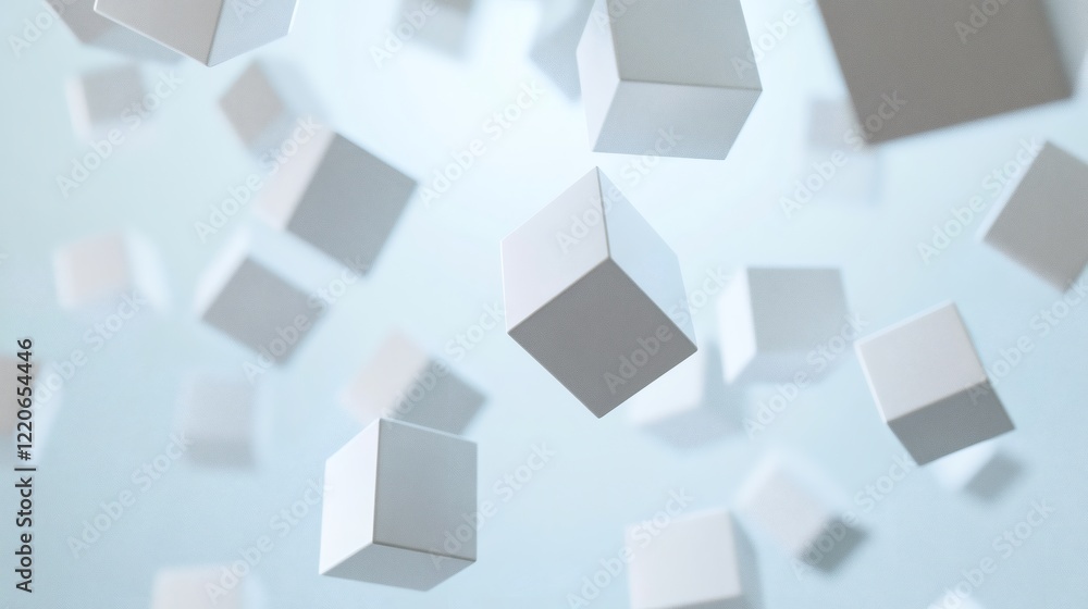 Abstract Background of Floating White Cubes in Soft Blue Light Abstract Background of Floating White Cubes in Soft Blue Light