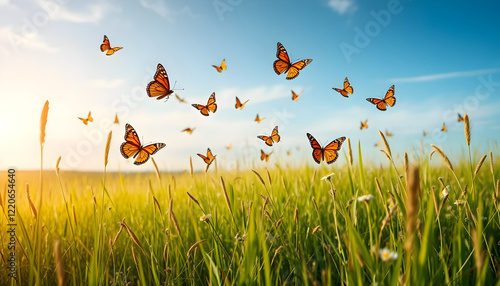 a lot of butterfly above flower field