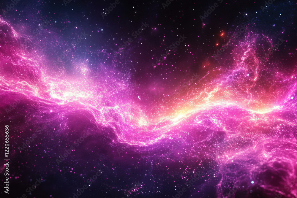 A vibrant nebula swirls with pink and orange energy, stars twinkling in the cosmic backdrop.