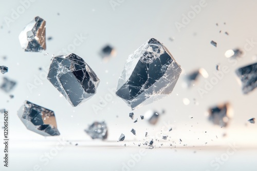 Shattered Carbon Pieces Appear to Float in Mid-Air Against a Pure White Background With Ambient Light