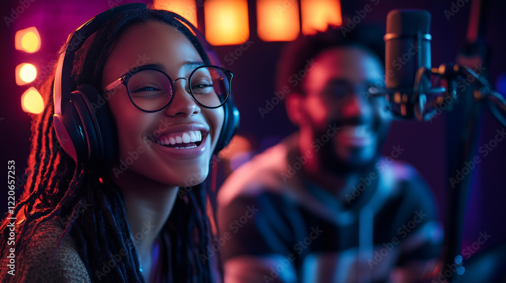 Smiling Woman with Headphones in Recording Studio Smiling Woman with Headphones in Recording Studio