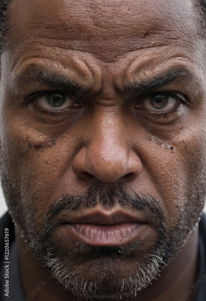 close-up onf ace of a black man, angry expression close-up onf ace of a black man, angry expression