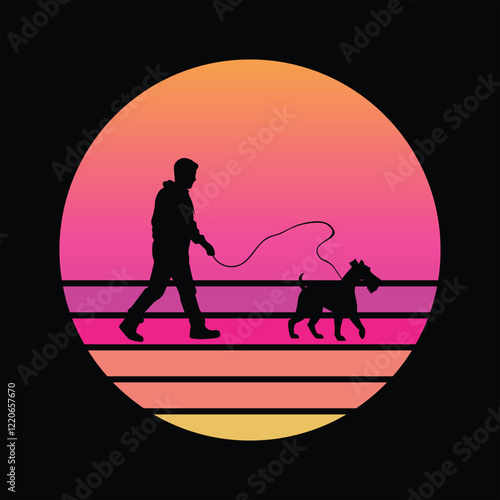 Vintage Sunset Airedale Terrier Silhouette in Retro Vector