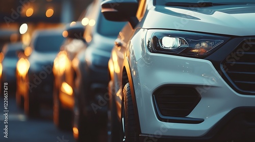 A tight shot of multiple vehicles parked closely together in a car lot.