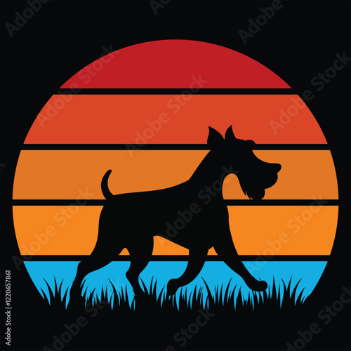 Retro Airedale Terrier Silhouette with Warm Sunset Scene
