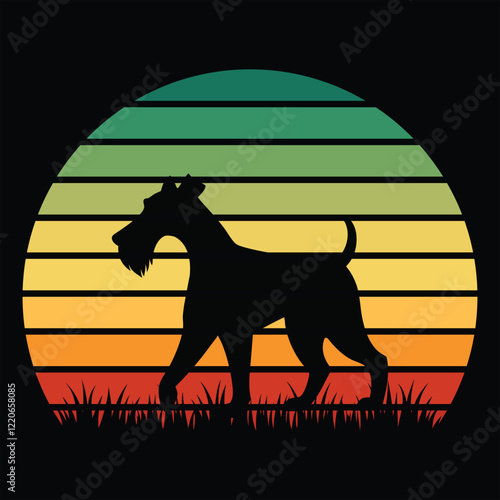 Retro Airedale Terrier Silhouette with Warm Sunset Scene
