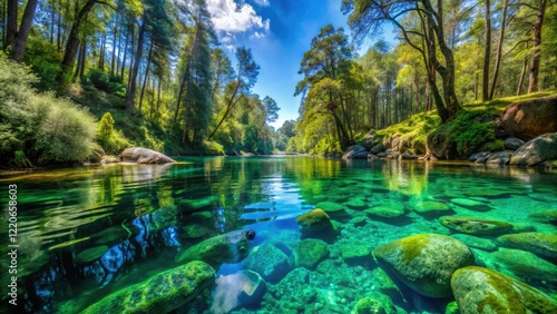 Galicia's Tamuxe River: crystal waters, split-level underwater and forest scene in Pontevedra, Spain.
