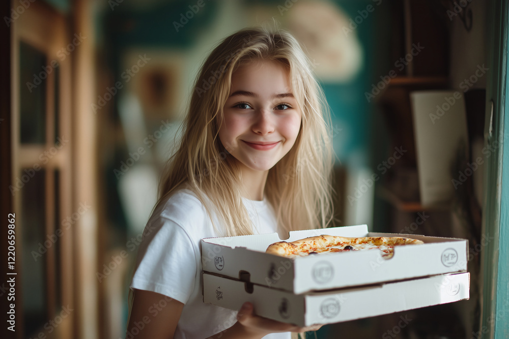 Young pretty blonde girl at indoor holding pizzas Young pretty blonde girl at indoor holding pizzas