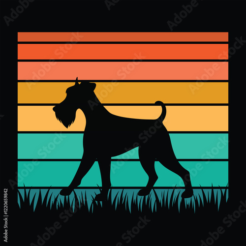 Vintage Airedale Terrier Silhouette with Sunset Vector Art
