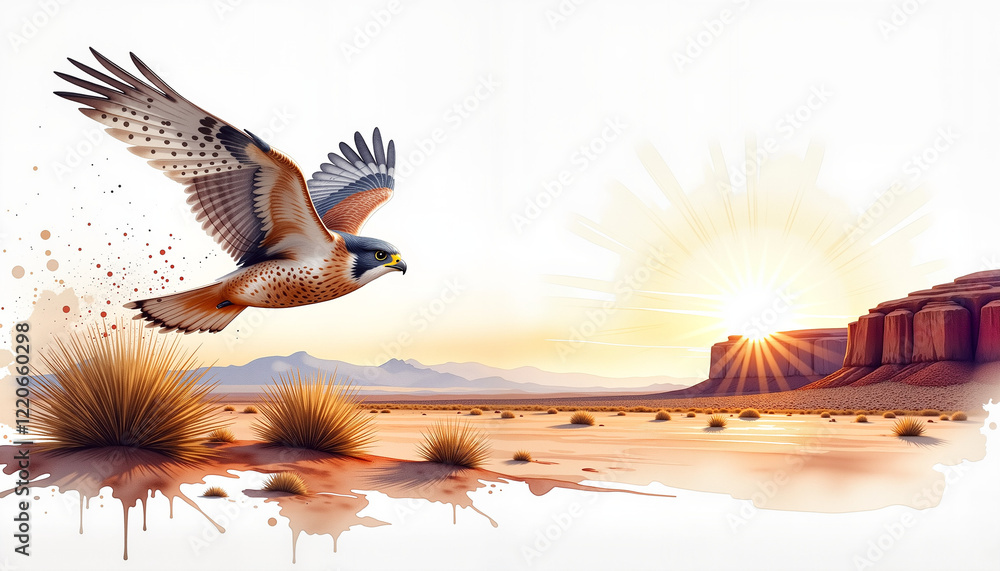 Naklejka premium Peregrine falcon diving through dawn-lit desert landscape, swift energy