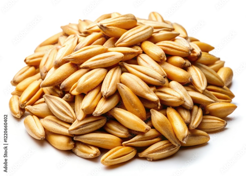 High-resolution close-up of a single oat grain, isolated on a pure white background. Macro detail showcases cereal texture. High-resolution close-up of a single oat grain, isolated on a pure white background. Macro detail showcases cereal texture.